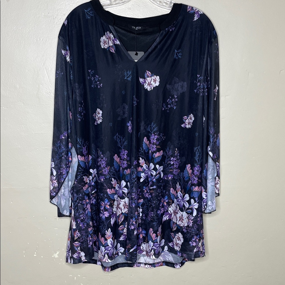 VALOLIA Black & Purple Floral Mesh Split Neck Popover Tunic Top NWT 3XL